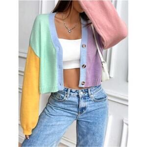 Women’s Colorful Cropped V-Neck Cardigan 70s Style Fall Knit Sweater Coat
